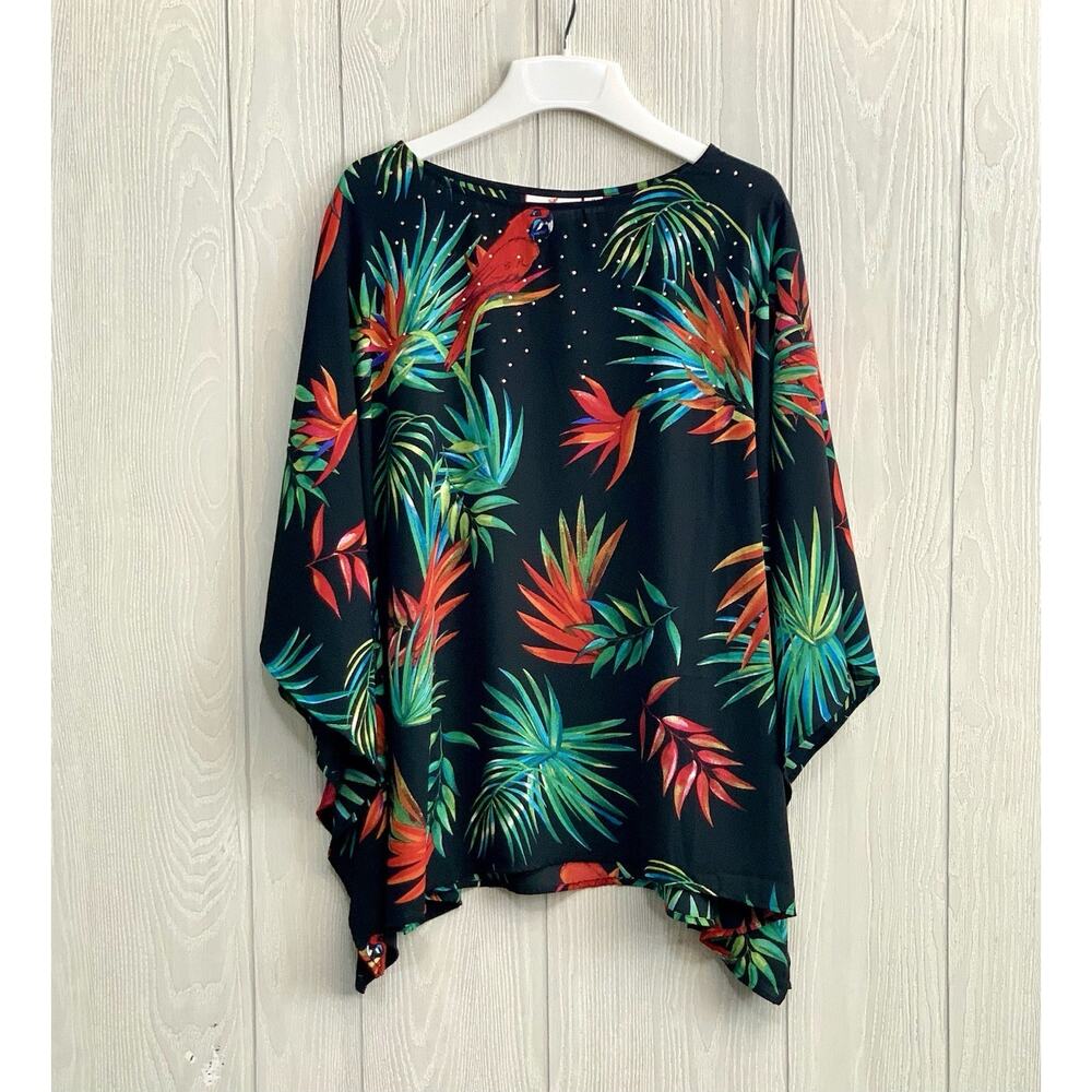 Quacker Factory Black Tropical Parrot Embellished Caftan Top Blouse Medium NWT